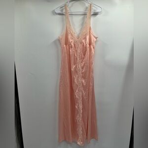 Vintage Slip Dress Womens M Pink Coral Maxi Lace V-Neck Night Gown Lingerie